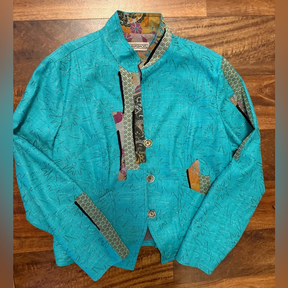 Canvasback Bright Turquoise Silk Embroidered Button Jacket